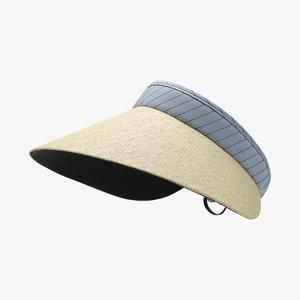 Blue and white striped sun visor hat with natural beige woven brim for women