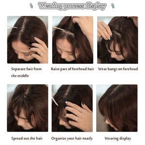 Step-by-step tutorial showing how to wear synthetic hair bangs with sideburns in brown