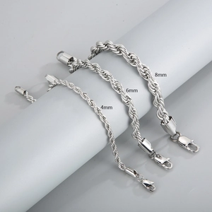 Polished stainless steel twist chain bracelets in 4mm, 6mm, and 8mm widths with lobster clasp