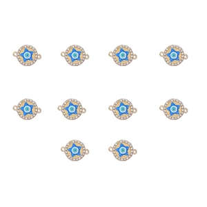 Detailed view of ten gold-plated evil eye charms with blue enamel and clear crystals