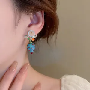 Handmade light blue strawberry beaded drop earrings with silver pins for women
