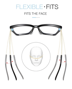 Close-up showing flexible golden temples on butterfly frames for a perfect face fit