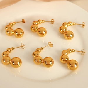 Fashion Titanium Steel Graduated Bead C-Shaped Stud Earrings For Women Minimalist Gold Plated Geometric Earring Jewelry Gift