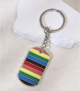 Detail of a vintage shield keychain with multi-color enamel stripes on textured stone