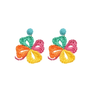 Colorful raffia woven flower earrings with 5-petal design for summer vacation style