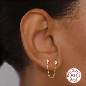 Minimalist 18k gold-plated 925 sterling silver double piercing stud chain with zircons
