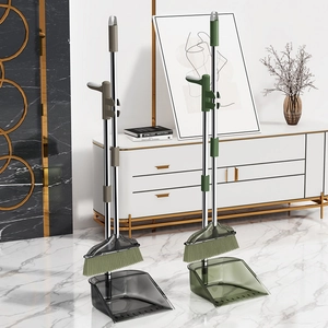Broom And Dustpan Stainless Steel Long Pole Transparent Upright Storage With Comb Teeth Hair Cleaning For Home Floor Indoor