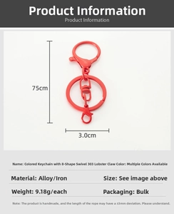 Detail of red lobster clasp with figure-8 swivel and key ring showing 75mm length