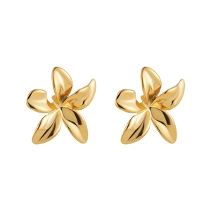Detail of 18k gold plated stainless steel sunflower earrings with a polished finish