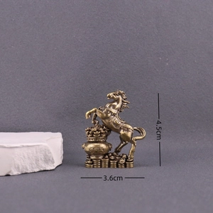 Brass horse statue on treasure bowl figurine, vintage minimalist decor, 4.5cm height