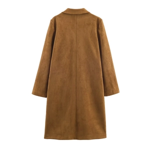 Back view of a long brown faux suede coat featuring minimalist design and premium texture