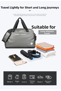 Detail of grey travel bag interior capacity showing organized clothes and accessories
