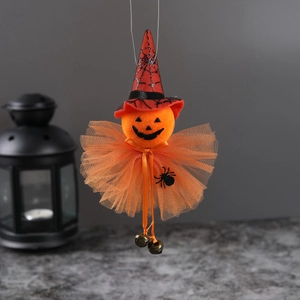 Hanging Halloween pumpkin witch doll with spider web hat and bells for party decor