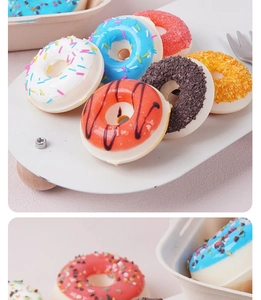 Detailed close-up of colorful artificial PU donuts with realistic sprinkles and frosting decoration