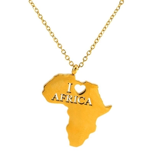 Golden stainless steel Africa map necklace with I Love Africa engraving and heart detail