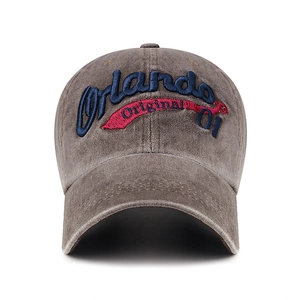 Vintage washed cotton baseball cap in brown-grey with Orlando 01 3D embroidery