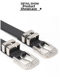 Detail show of Y2K black leather belt with sparkling rhinestone buckle and double loops