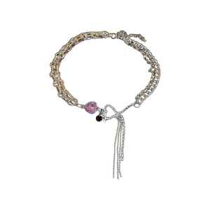 Silver chain necklace with pink heart crystal and fringe tassel pendants for women
