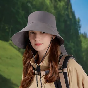 Outdoor wide brim sun hat with neck protection and chin strap for women hikers