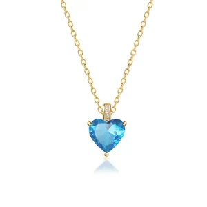 S925 Silber Goldkette mit herzförmigem blauem Edelstein und Zirkonia-Anhänger
