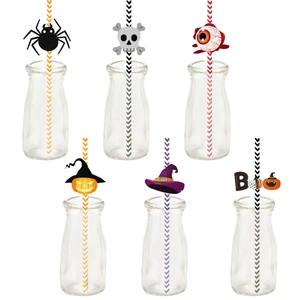 24pcs Halloween party straws featuring skull, spider, and pumpkin decorations on striped stems