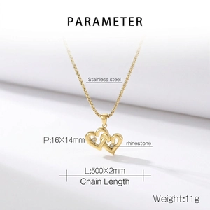 Detail of 18K gold plated double heart necklace with rhinestone inlay dimensions and specs