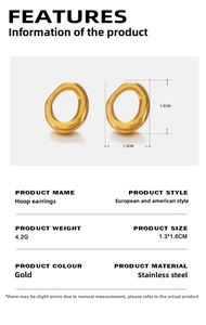 Detail view of 18K gold plated stainless steel hoop earring with size and weight specs
