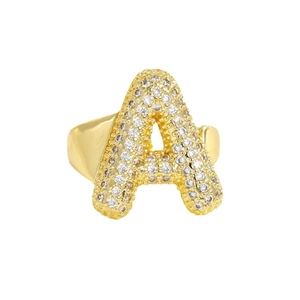 Anello aperto con lettera A a bolla dorata con pavé di zirconi e placcatura in oro 18 carati