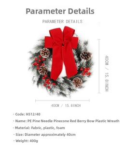 Detailed specs of 40cm Christmas wreath with red bow, pine cones and berries
