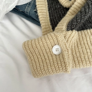 Detailed close-up of the thick knit texture with contrast cuff and decorative button