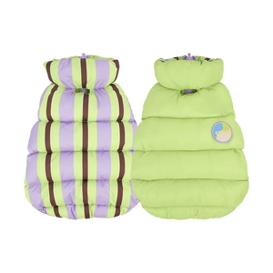 Quilted pet winter vest with harness hole in colorful stripes and neon green style