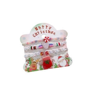 Three-piece colorful Christmas beaded bracelet set with festive charms on card