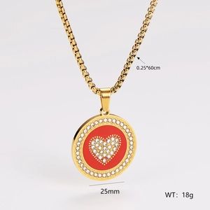 Detail of gold evil eye necklace with dimensions 25mm pendant and 60cm chain specs