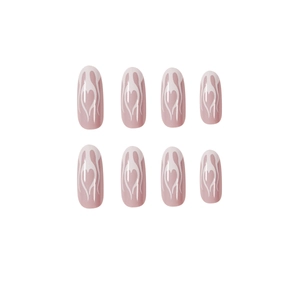 Oval press-on nails in dusty rose with white flame and heart patterns, 8-piece set