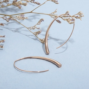 Close-up of rose gold minimalist curved earrings on light blue background with dried flowers