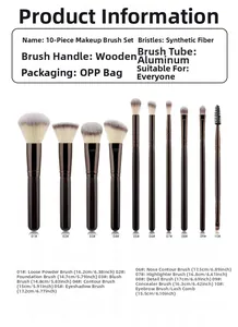 Size chart showing 10pcs makeup brush set dimensions from powder to eyebrow brushes