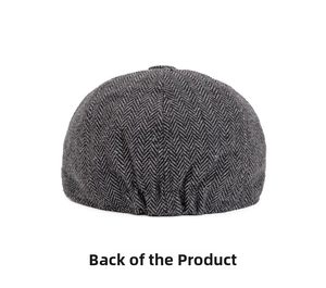 Detailed back view of a grey herringbone newsboy cap showing the adjustable rear seam