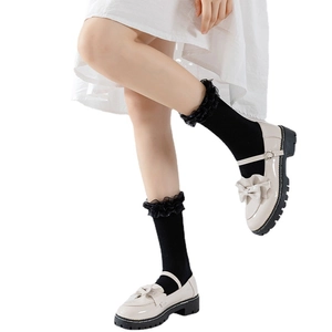 Elegant black knee-high socks with lace trim paired with beige Mary Jane shoes