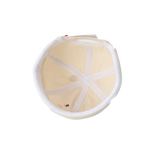 Beige cartoon baby docker hat with six-panel interior structure and adjustable strap