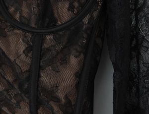 Detailed close-up of intricate black lace fabric with structural stitching on a corset top
