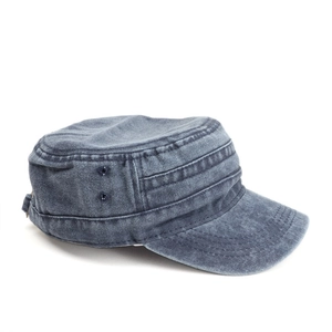 Detail view of washed cotton cadet cap featuring side metal eyelets and vintage texture