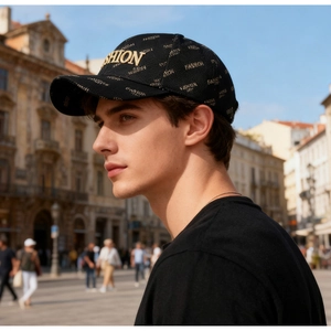 Close-up of a black baseball cap with golden all-over letter embroidery on a street model