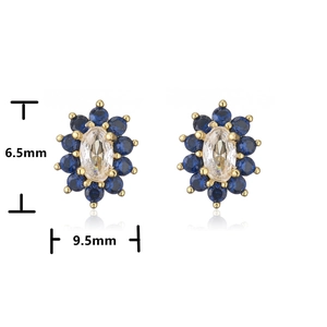 Exquisite 18K gold plated floral cluster stud earrings with blue and white zircons