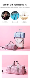 Trendy unisex large capacity duffel bag with checkerboard pattern for fitness and travel.