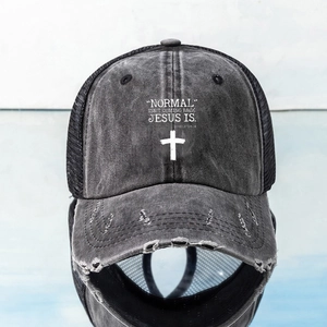 Distressed dark grey washed cotton baseball cap with white letter print and mesh back