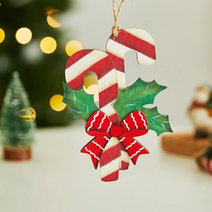 Wooden Christmas hanging ornament featuring candy canes and holly on a festive tree