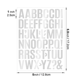 Detail showing 1-inch silver metallic alphabet stickers with clear dimension markings