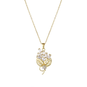 18K gold plated stainless steel necklace with sparkling zircon flower pendant and leaf