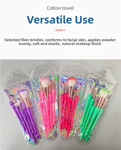 Detail of colorful makeup brushes with spiral handles and fiber bristles in laser packaging