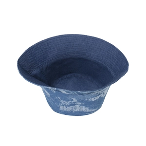 Vintage frayed denim bucket hat in dark blue with distressed hole design for sun protection